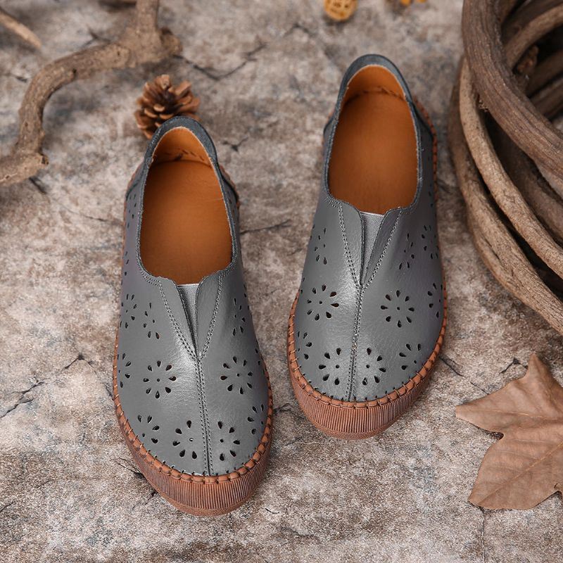 Dames Echt Leer Slip Op Elastische Band Ademend Hollow Out Lente Causale Flats Loafers