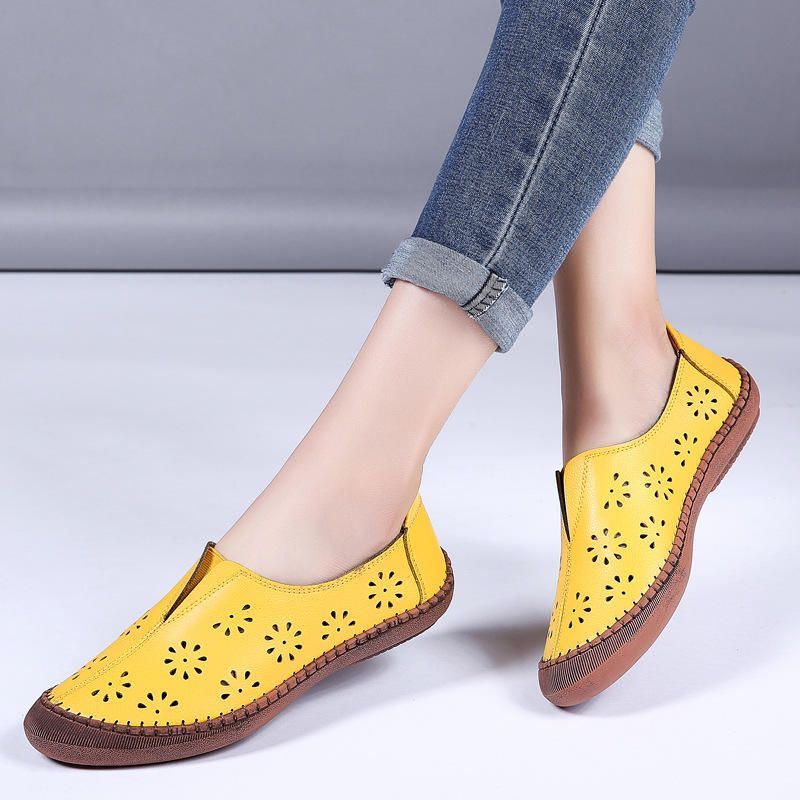 Dames Echt Leer Slip Op Elastische Band Ademend Hollow Out Lente Causale Flats Loafers