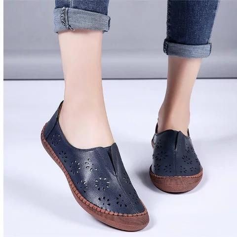 Dames Echt Leer Slip Op Elastische Band Ademend Hollow Out Lente Causale Flats Loafers