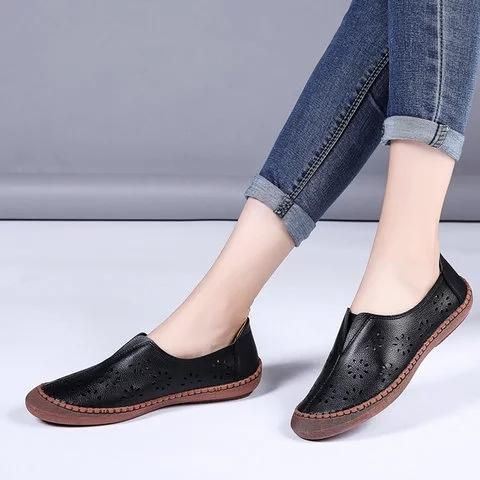 Dames Echt Leer Slip Op Elastische Band Ademend Hollow Out Lente Causale Flats Loafers