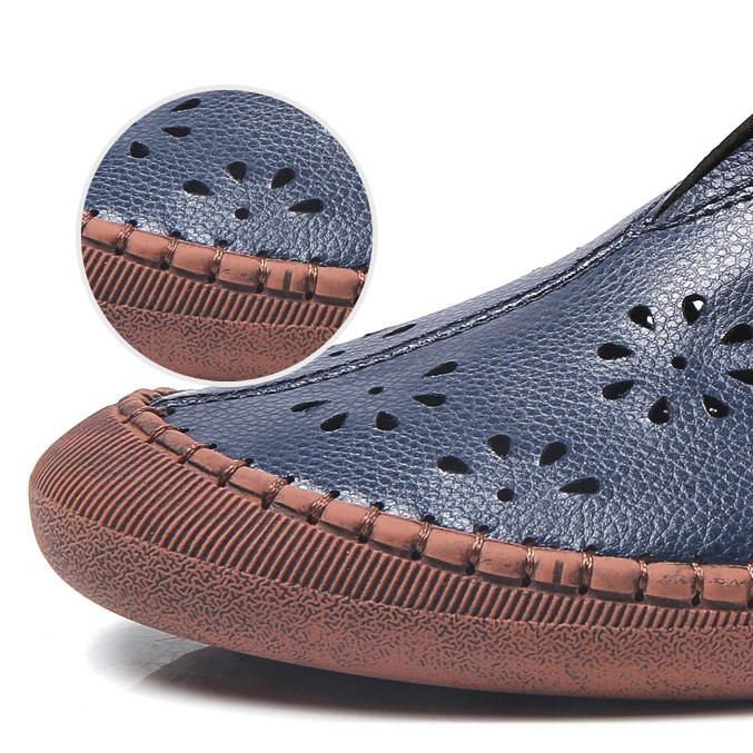 Dames Echt Leer Slip Op Elastische Band Ademend Hollow Out Lente Causale Flats Loafers