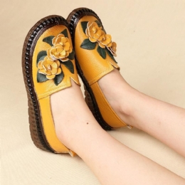 Dames Echt Leer Zachte Zolen Comfortabele Bloem Flats Loafer