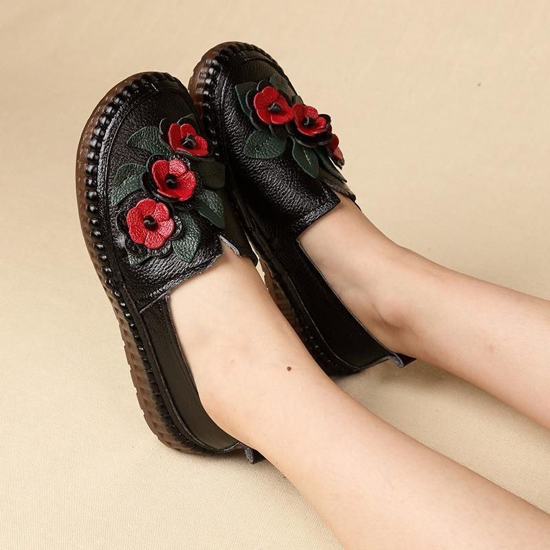 Dames Echt Leer Zachte Zolen Comfortabele Bloem Flats Loafer