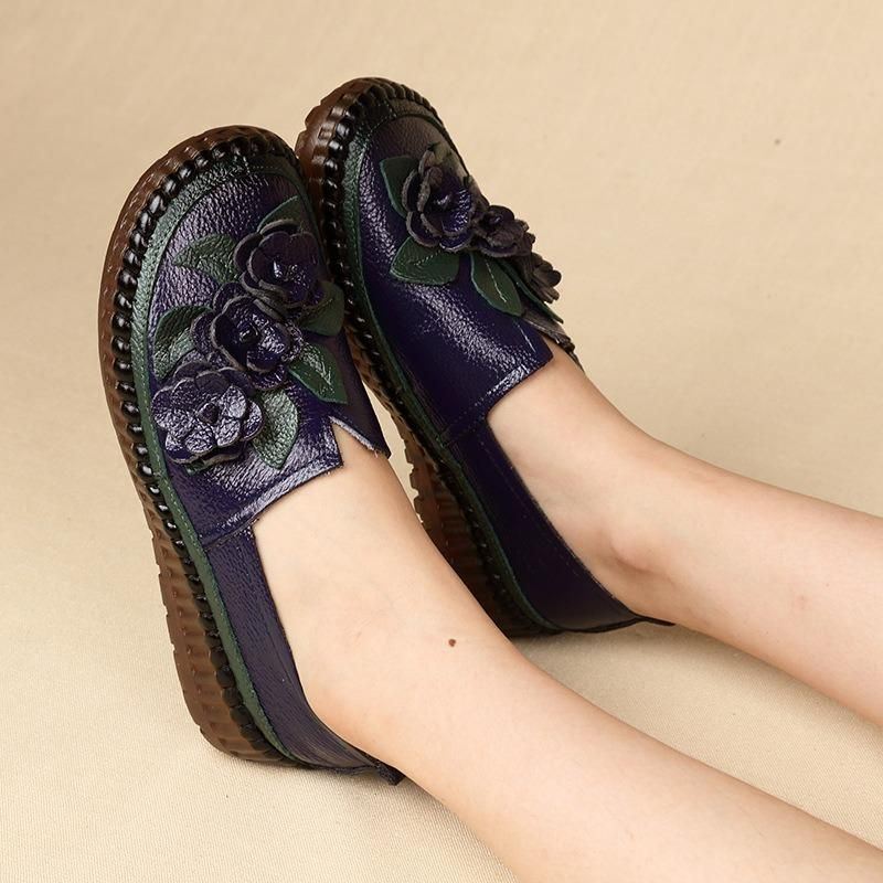 Dames Echt Leer Zachte Zolen Comfortabele Bloem Flats Loafer