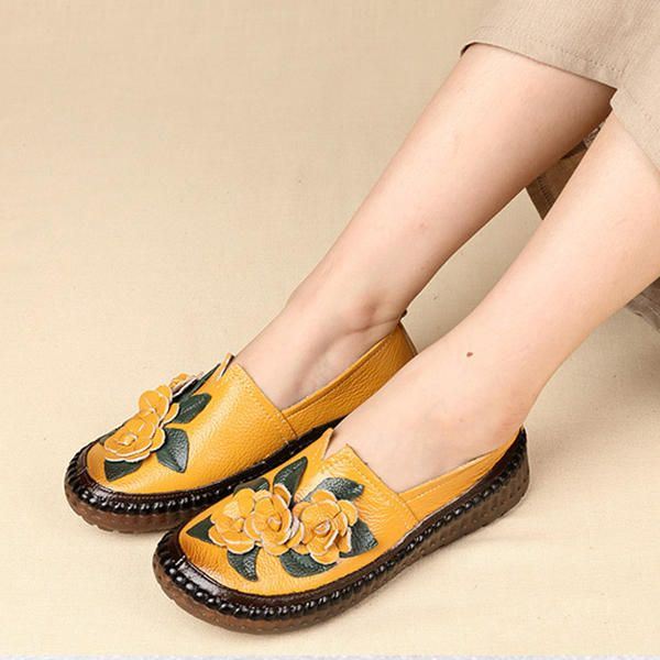 Dames Echt Leer Zachte Zolen Comfortabele Bloem Flats Loafer