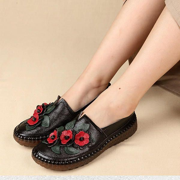 Dames Echt Leer Zachte Zolen Comfortabele Bloem Flats Loafer