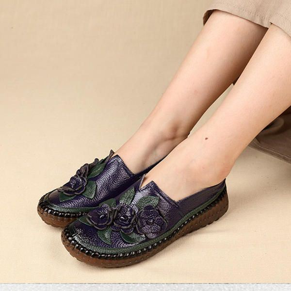 Dames Echt Leer Zachte Zolen Comfortabele Bloem Flats Loafer