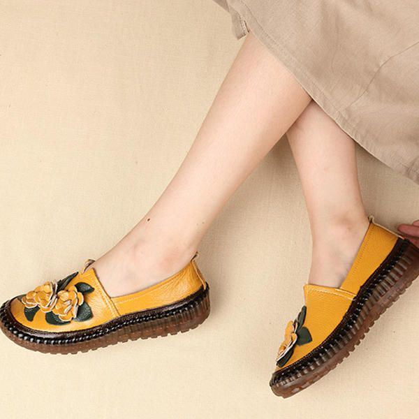 Dames Echt Leer Zachte Zolen Comfortabele Bloem Flats Loafer