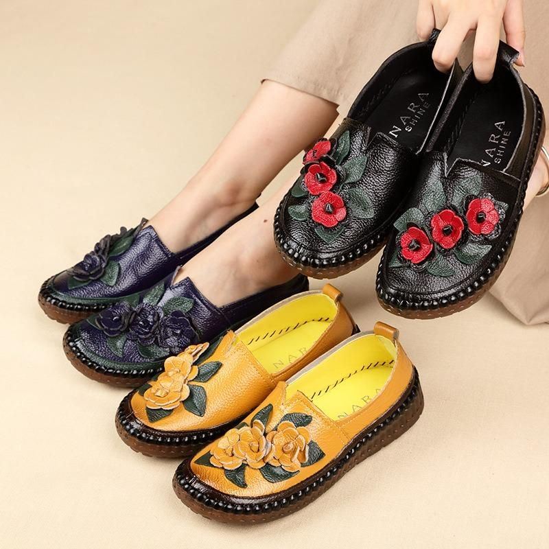 Dames Echt Leer Zachte Zolen Comfortabele Bloem Flats Loafer