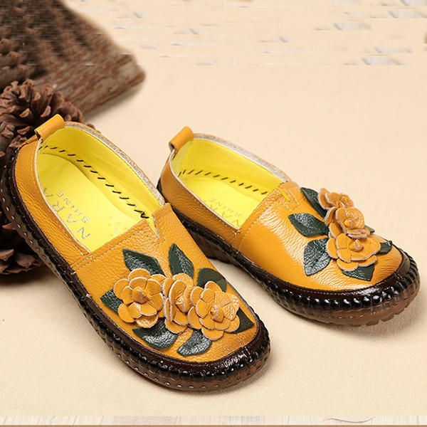 Dames Echt Leer Zachte Zolen Comfortabele Bloem Flats Loafer