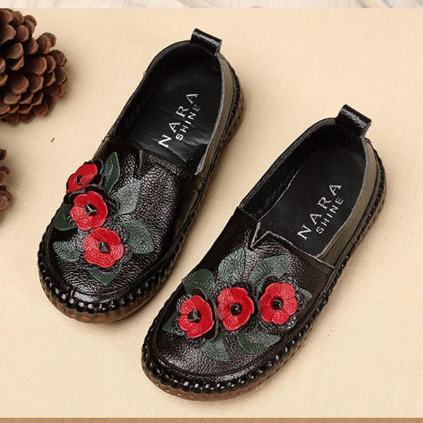 Dames Echt Leer Zachte Zolen Comfortabele Bloem Flats Loafer