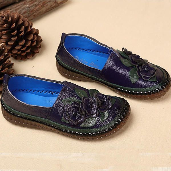 Dames Echt Leer Zachte Zolen Comfortabele Bloem Flats Loafer