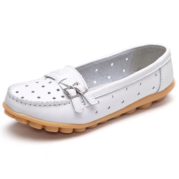 Dames Flat Hollow Out Casual Soft Leather Slip On Ronde Neus Loafers