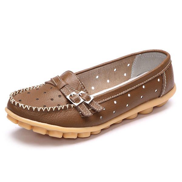 Dames Flat Hollow Out Casual Soft Leather Slip On Ronde Neus Loafers