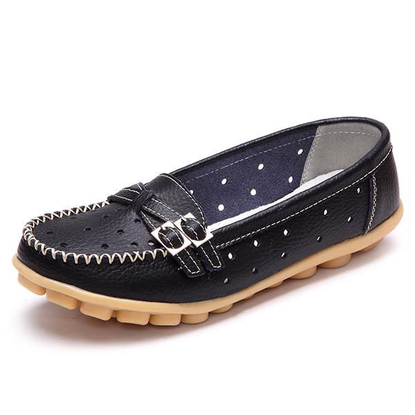 Dames Flat Hollow Out Casual Soft Leather Slip On Ronde Neus Loafers