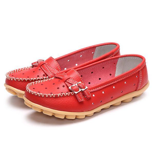 Dames Flat Hollow Out Casual Soft Leather Slip On Ronde Neus Loafers