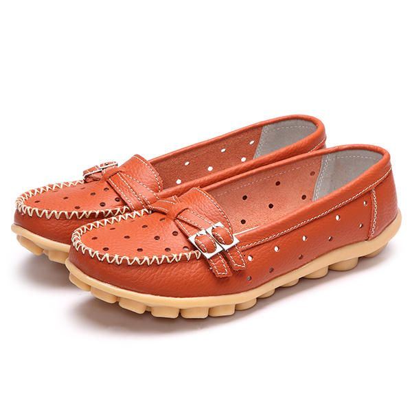 Dames Flat Hollow Out Casual Soft Leather Slip On Ronde Neus Loafers