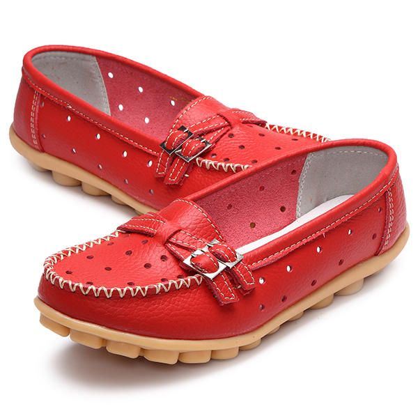 Dames Flat Hollow Out Casual Soft Leather Slip On Ronde Neus Loafers