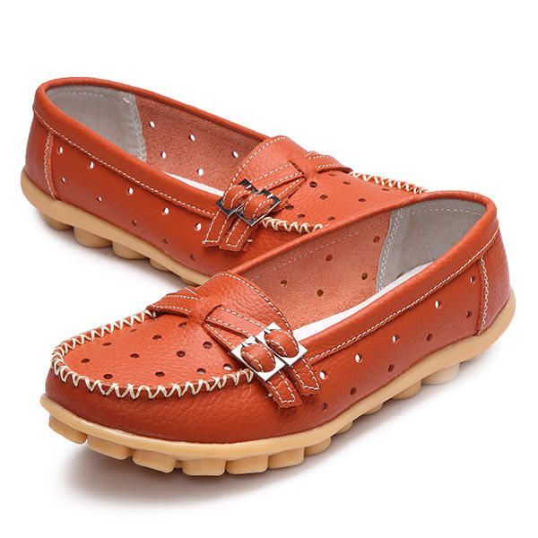 Dames Flat Hollow Out Casual Soft Leather Slip On Ronde Neus Loafers