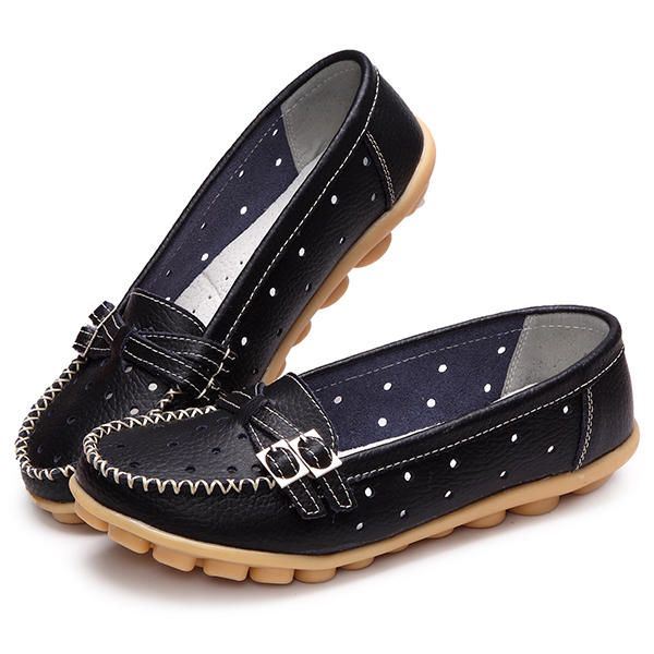 Dames Flat Hollow Out Casual Soft Leather Slip On Ronde Neus Loafers