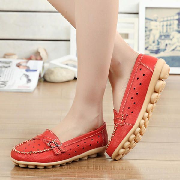 Dames Flat Hollow Out Casual Soft Leather Slip On Ronde Neus Loafers