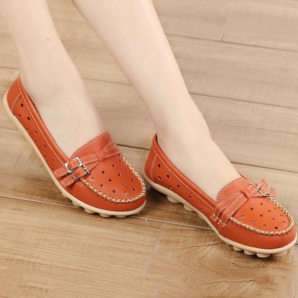 Dames Flat Hollow Out Casual Soft Leather Slip On Ronde Neus Loafers