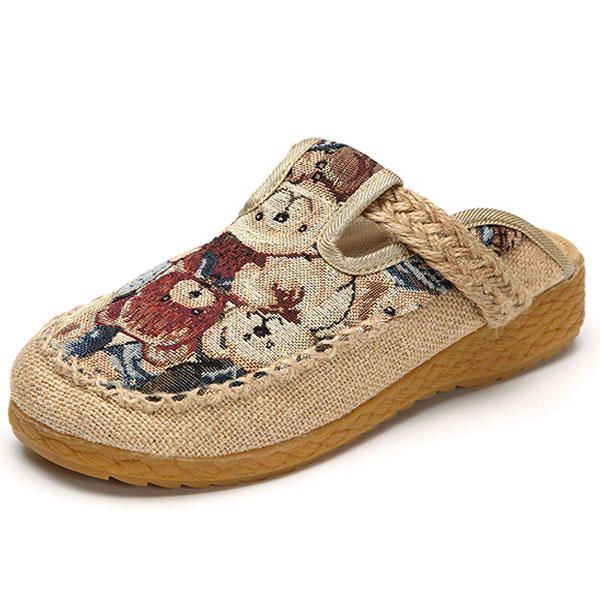 Dames Flats Cartoon Vlas Outdoor Borduurpantoffel