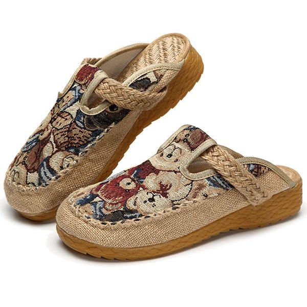 Dames Flats Cartoon Vlas Outdoor Borduurpantoffel