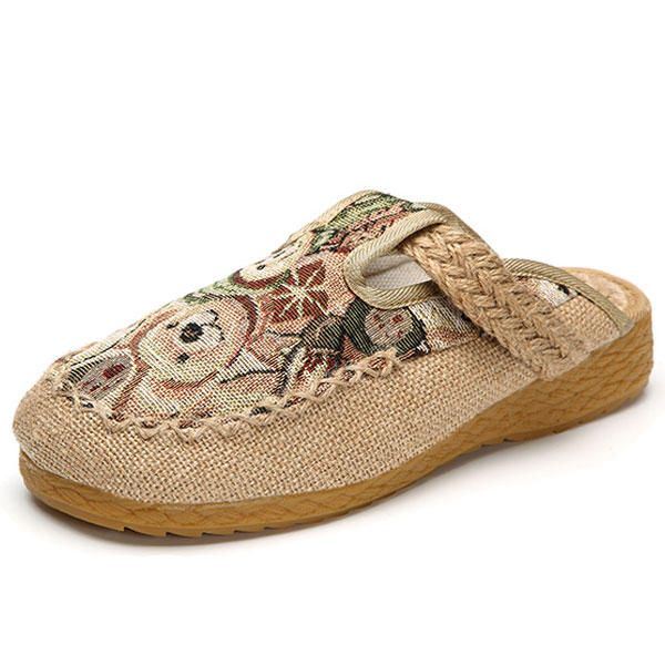 Dames Flats Cartoon Vlas Outdoor Borduurpantoffel