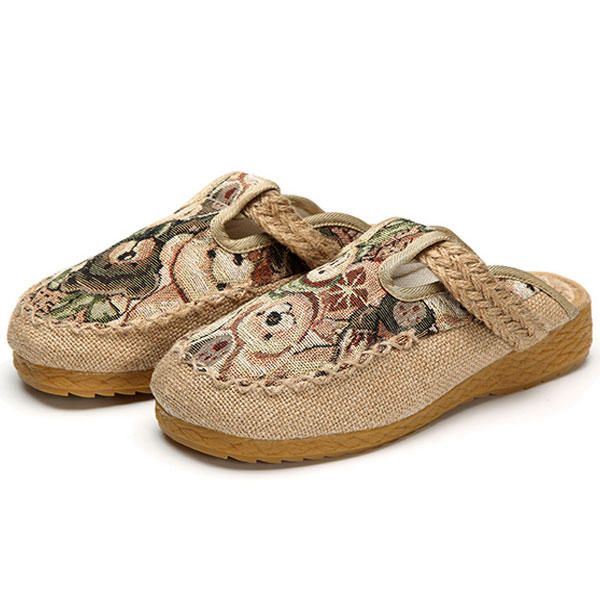 Dames Flats Cartoon Vlas Outdoor Borduurpantoffel