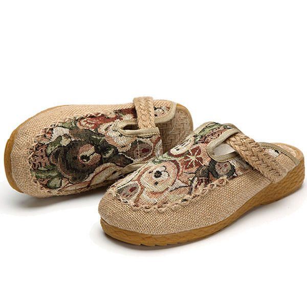 Dames Flats Cartoon Vlas Outdoor Borduurpantoffel