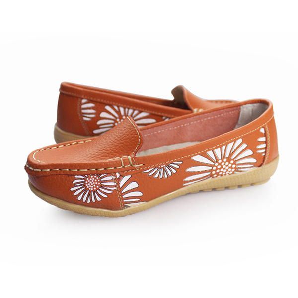 Dames Flats Schoenen Comfortabele Slip-on Zachte Casual Bloem Bloemen Leren Loafers Flats Schoenen