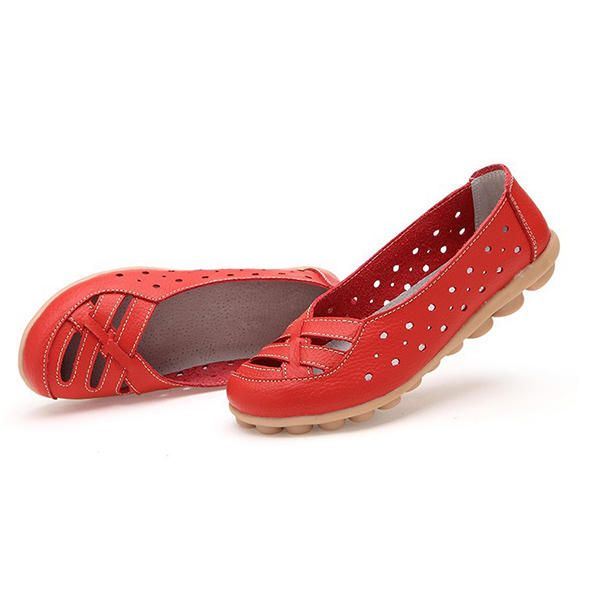 Dames Flats Schoenen Comfortabele Zachte Slip-on Uitgeholde Leren Casual Platte Loafers Schoenen