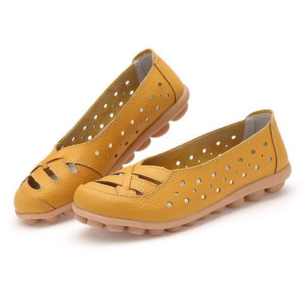 Dames Flats Schoenen Comfortabele Zachte Slip-on Uitgeholde Leren Casual Platte Loafers Schoenen