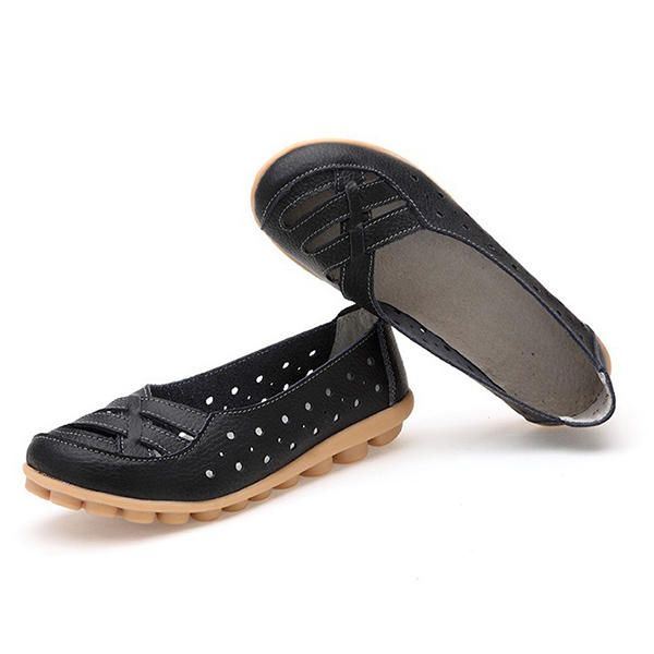 Dames Flats Schoenen Comfortabele Zachte Slip-on Uitgeholde Leren Casual Platte Loafers Schoenen