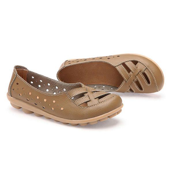 Dames Flats Schoenen Comfortabele Zachte Slip-on Uitgeholde Leren Casual Platte Loafers Schoenen