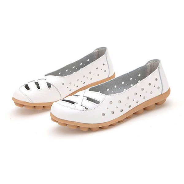 Dames Flats Schoenen Comfortabele Zachte Slip-on Uitgeholde Leren Casual Platte Loafers Schoenen