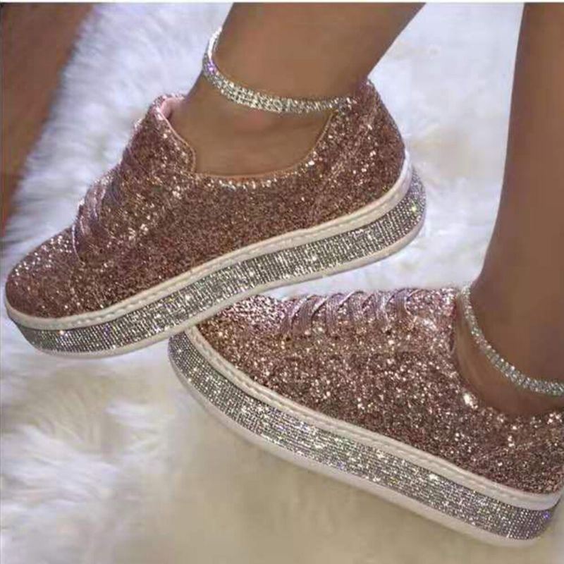 Dames Glitter Lovertjes Mode Lace Up Party Casual Platform Schoenen Flats