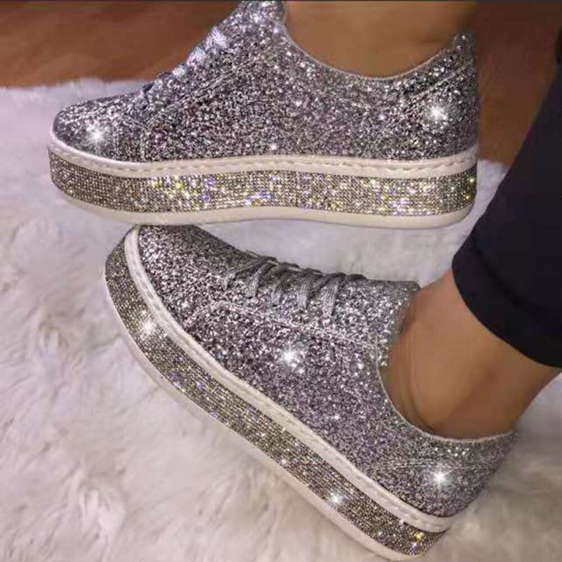 Dames Glitter Lovertjes Mode Lace Up Party Casual Platform Schoenen Flats