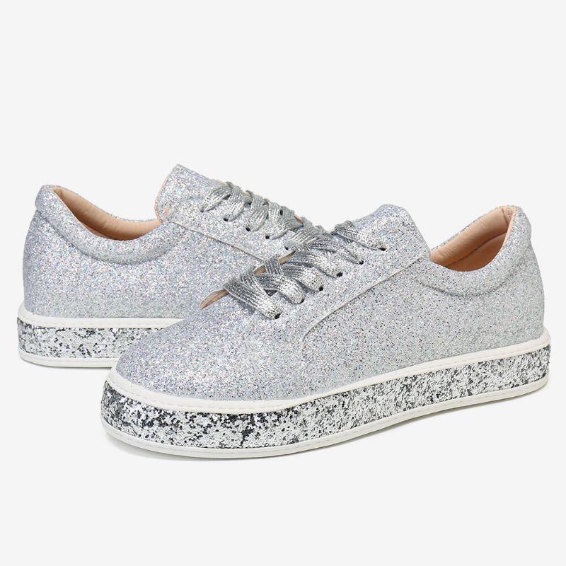 Dames Glitter Lovertjes Mode Lace Up Party Casual Platform Schoenen Flats