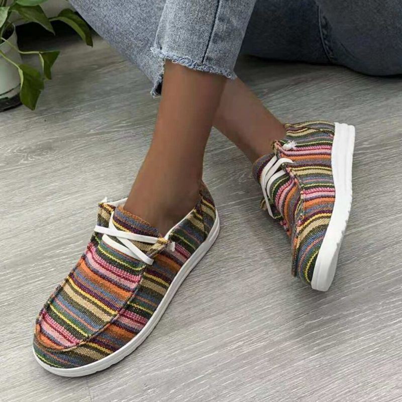 Dames Grote Maat Streep Afdrukken Luipaard Canvas Elastische Band Lace Up Casual Platte Schoenen