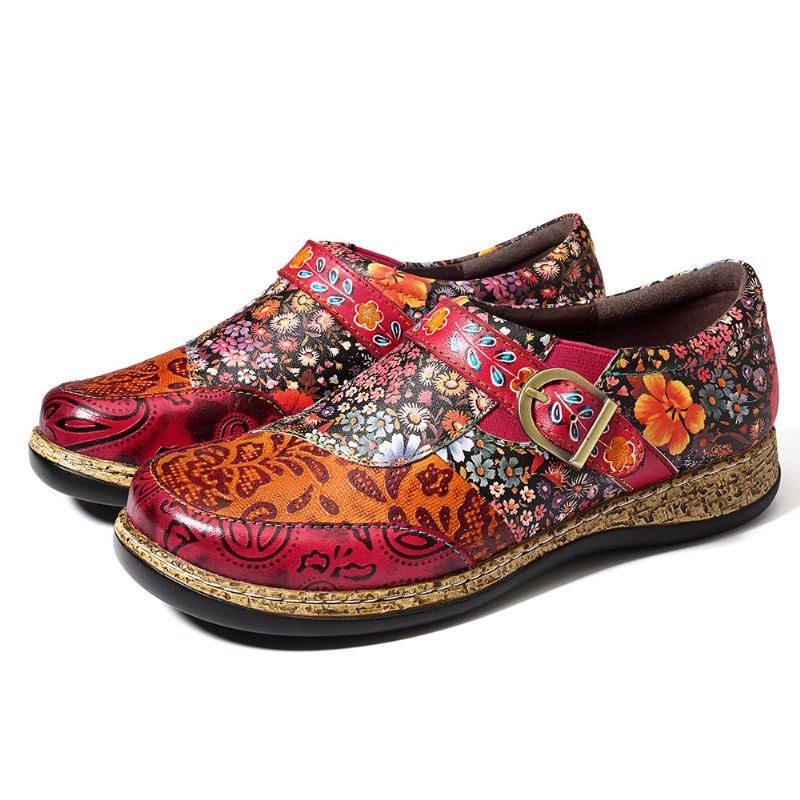 Dames Handgemaakte Stiksels Bloemen Patroon Lederen Flats Schoenen