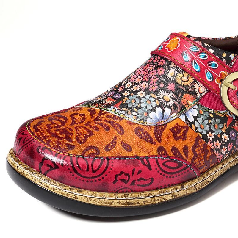 Dames Handgemaakte Stiksels Bloemen Patroon Lederen Flats Schoenen