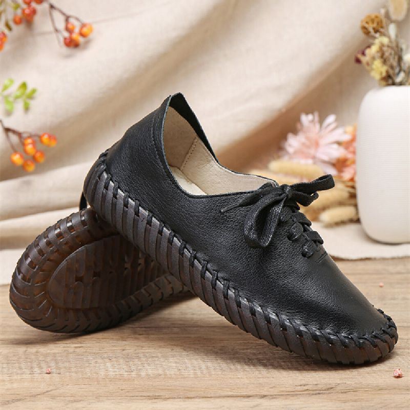 Dames Handstiksels Effen Kleur Koe Leer Comfortabele Ronde Neus Zachte Casual Flats