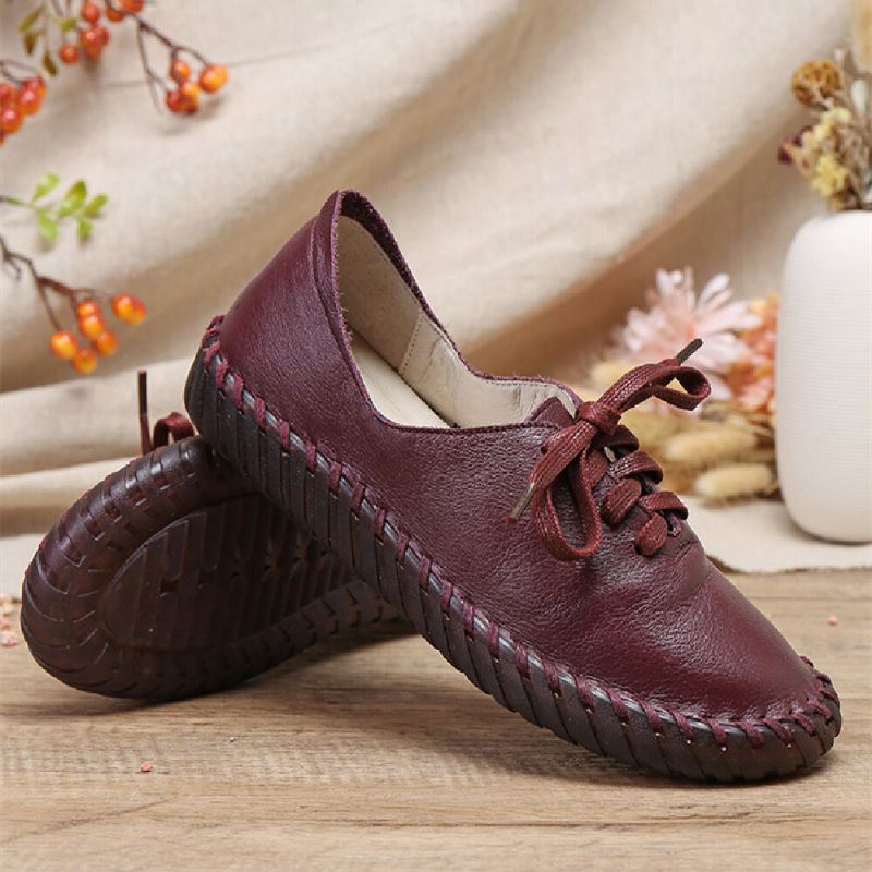 Dames Handstiksels Effen Kleur Koe Leer Comfortabele Ronde Neus Zachte Casual Flats