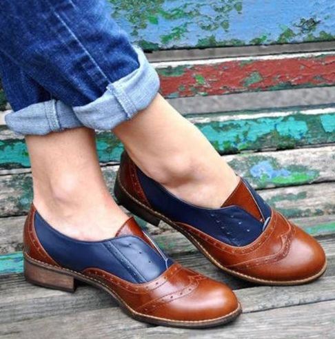 Dames Kleur Splicing Vierkante Hak Ronde Neus Brogue Oxfords Casual Flats Loafers