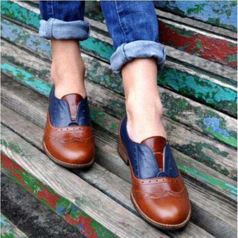 Dames Kleur Splicing Vierkante Hak Ronde Neus Brogue Oxfords Casual Flats Loafers