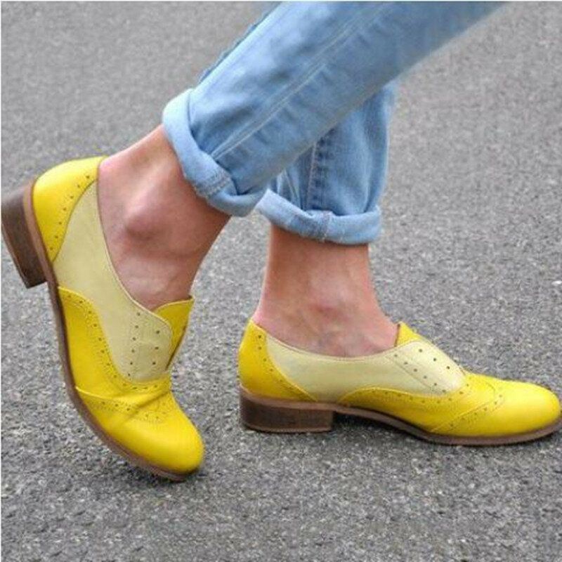 Dames Kleur Splicing Vierkante Hak Ronde Neus Brogue Oxfords Casual Flats Loafers