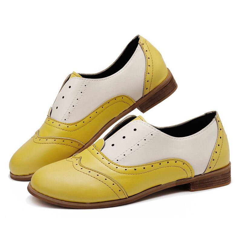 Dames Kleur Splicing Vierkante Hak Ronde Neus Brogue Oxfords Casual Flats Loafers