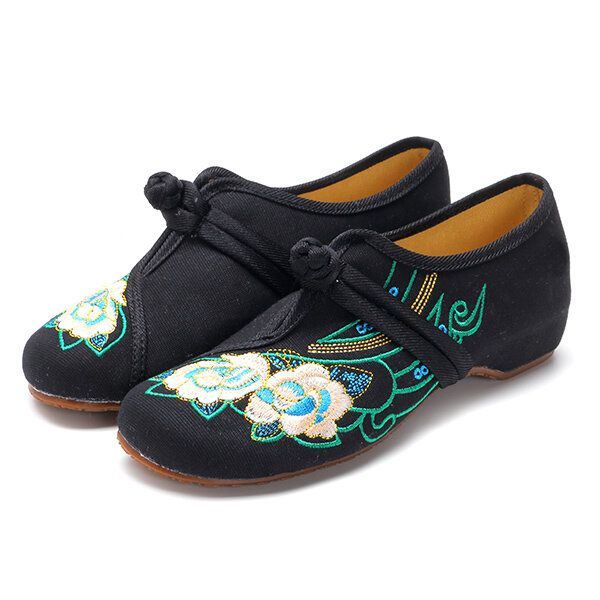 Dames Lace Up Doek Chinese Geborduurde Bloem Platte Loafers